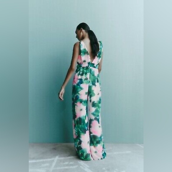 Zara Green & Pink Watercolor Floral Print Wide Leg Jumpsuit Size XS - Picture 3 of 9